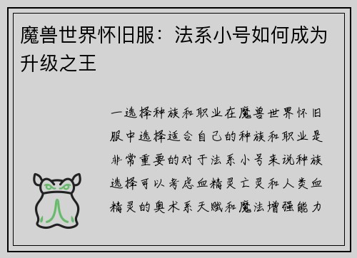 魔兽世界怀旧服：法系小号如何成为升级之王